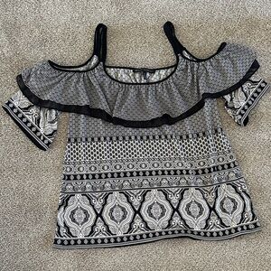 White House Black Market Black and White Ruffled Blouse